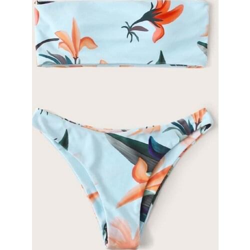 2021 Bandeau Bikini 2 Pieces Swimsuit Women Swimwear Padded Biquini Set Bathing Suit Beachwear Female Floral Printed Swim Suit