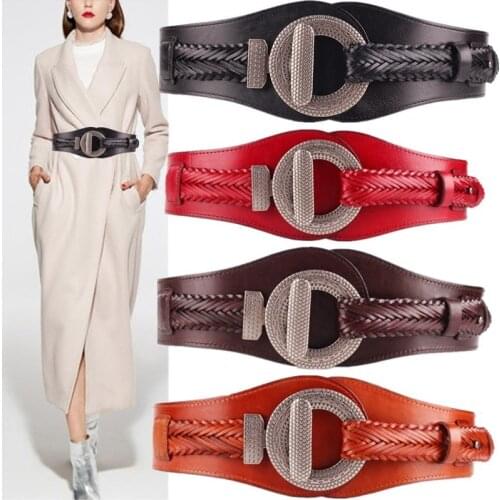 Women 100% Genuine Leather Wide Belt High Quality Cowskin Elastic Waistband Female Buckles Fashion Vintage Weave Leather Belts