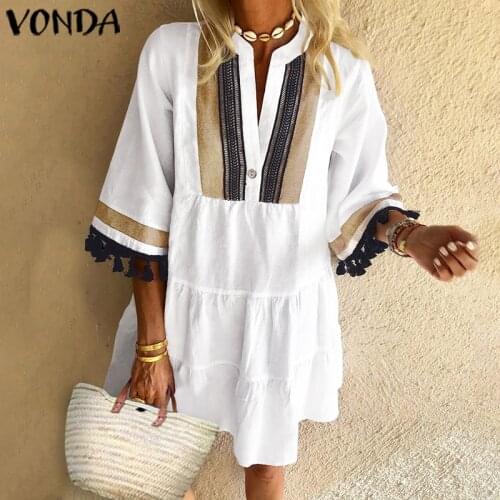 VONDA Summer Beach Dress Women Vintage Print Sundress Half Sleeve V Neck Party Dress 2021 Bohemian Vestido Casual Robe