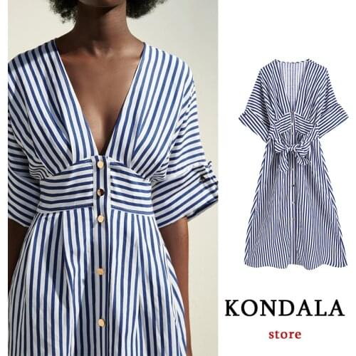 KONDALA Za 2021 Vintage Striped Women Dress Deep V Neck Bow Sashes Short Sleeve Midi Dress Sexy Golden Button Summer Vestidos