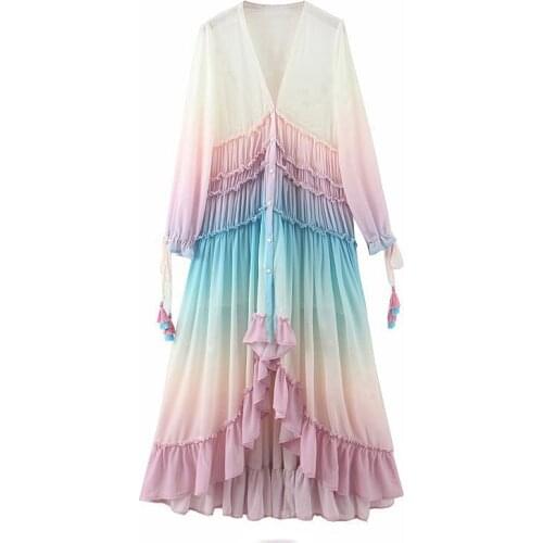 Multicolor Gradient Print Long Maxi Dress Women V Neck Long Sleeve Ruffle Holiday Boho Beach Dress A-line Chiffon Summer Dress