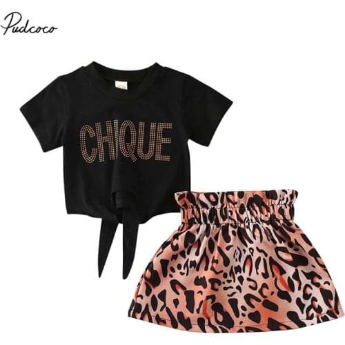 2020 Baby Summer Clothing 0-5Y Toddler Kids Baby Girls Outfits Clothes Bedding Letter T-shirt Tops Leopard Skirt 2PCS Set