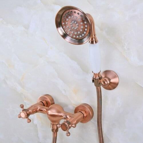 Antique Red Copper Brass Dual Cross Handles Wall Mounted Bathroom Hand Held Shower Head Faucet Set Mixer Tap ana297