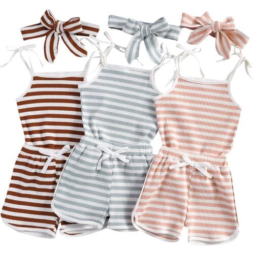 Citgeett Summer 0-24M Newborn Baby Girls 3Pcs Clothes Set Striped Knitted Sleeveless Ruffled Sling Tops Short Headband Set