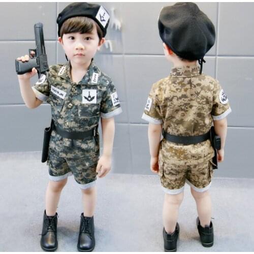 Short Sleeve Children Boy Army Uniforms Pistols Camouflage Clothes Uniforms Tops+Shorts Clothing Set for Kids Soldier Costumes