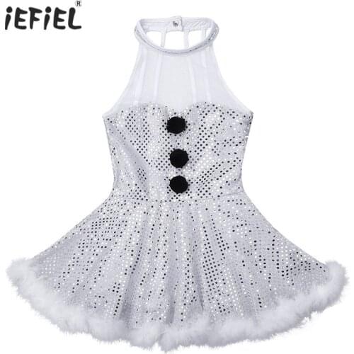 Kids Girls Christmas Snowman Dress Costume Dancewear Sleeveless Mesh Splice Caged Back Shiny Sequins Roller Skating Tutu Dress