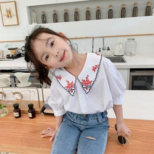 DFXD 2020 New Summer Kids Girls Blouses Fashion Embroidery Collar Puff Sleeve Tops Princess Party Baby Girls Shirts For 2-7T
