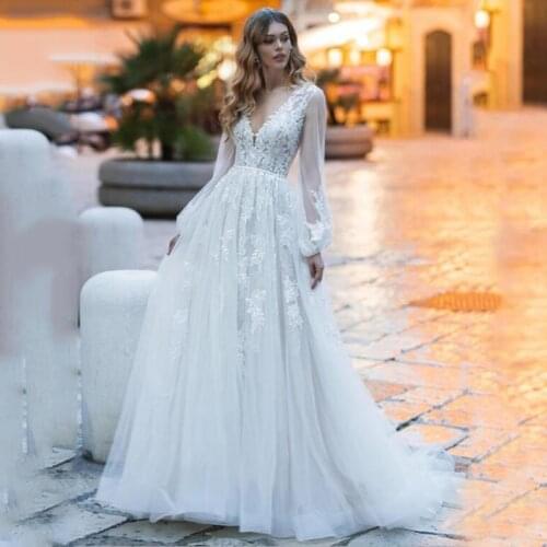 Elegant Long Sleeve V-Neck Wedding Dresses A-line Tulle Gowns Custom Made Bridal Gowns 2020