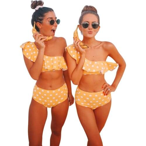 Brand New Women Sexy Two Piece Split Bikini Suits Ladies Polka Dot Printing One-Shoulder Tops+Stretch High Waist Thong Suits