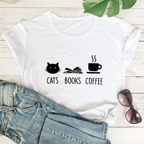 Cats Books Coffee Graphic T-shirt Cute Cat Mom Gift Tshirt Funny Women Graphic Weekend Vibes Tee Shirt Top