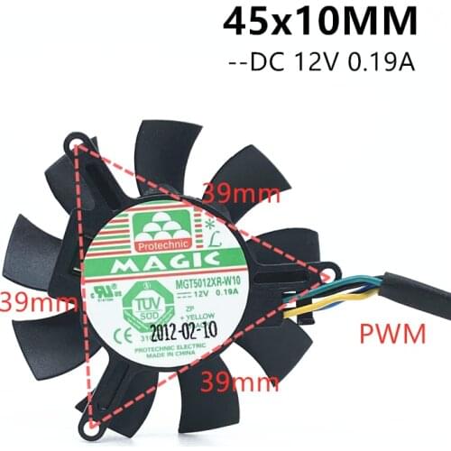 MGT5012XF-W10 High quality ultra quiet 5010 Graphics card fan blade 45MM Diameter 39mm Hole Pitch 12V 0.19A fan blade 4pin PWM