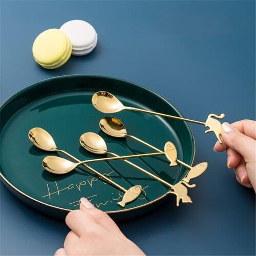 Cute Cat Coffee Spoon Stainless Steel Milk Tea Teaspoon Dessert Snack Scoop Ice Cream Mini Spoons Tableware Home Kitchen