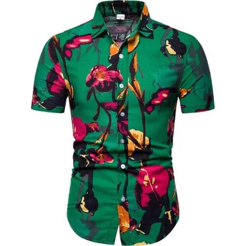 Floral Hawaiian Shirt Men Slim Fit Chemise Homme 2019 Brand New Short Sleeve Dress Shirt Mens Cotton Linen Shirts Casual Shirt