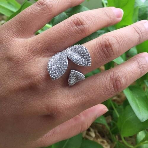 Cz Pave Setting Unique Leaf Rose Flower Ring Open Adjustable Big Ring Set For Women Fashion Wedding Finger Party Accessories