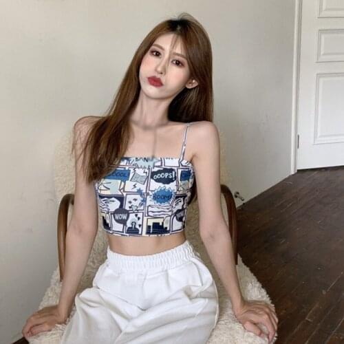 New Summer Womens Sweet Cute Cartoons Printed Irregular Vest Sexy Slim Backless Sling Sleeveless Camisole Crop Top PIJU1