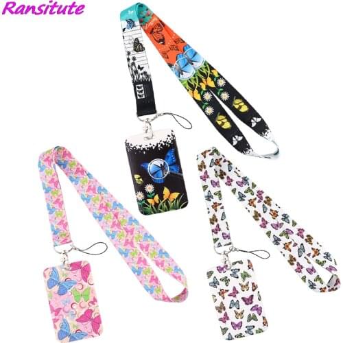 Ransitute R2194 Butterfly Lanyard Card ID Holder Car KeyChain ID Card Pass Gym Mobile Phone Badge Kids Key Ring Holder Jewelry