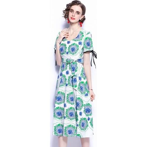 Romantic Generous Blue Rose Floral Print Green White Party Dress Women Bow Puff Sleeve Slim Lace-up Midi Summer Vestidos k2047