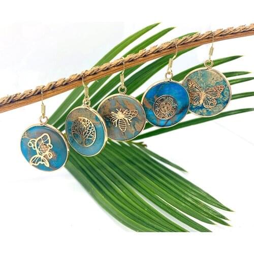 Blue Shoushan Stone Earings Fashion Jewelry 2020 Earrings for Women Wrapped Natural Stone Round Vintage Pendant 26mm Wholesale