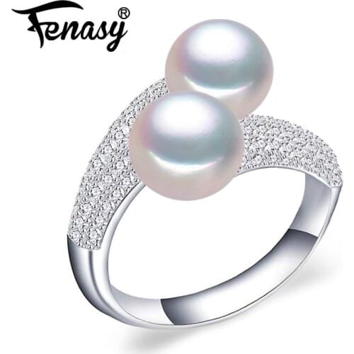 FENASY Pearl Jewelry,double Pearl rings,hyperbole Freshwater Pearl rings,925 Silver rings for women charms silver 2018 new