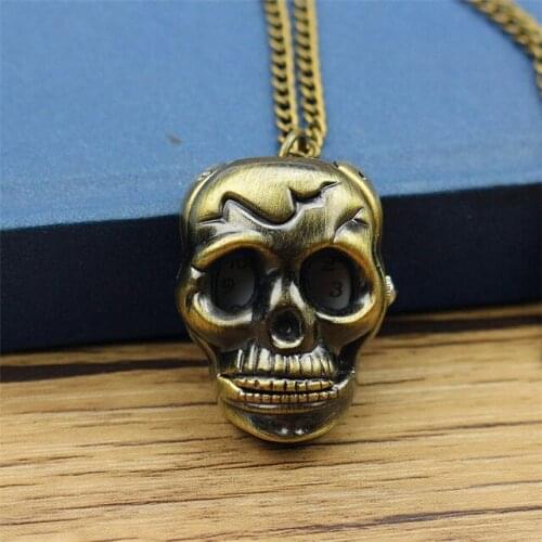 Nazeyt Vintage Bronze Steampunk Hollow Skull Head Horror Quartz Pocket Watch with Chain for Girls and Women men Necklace watch