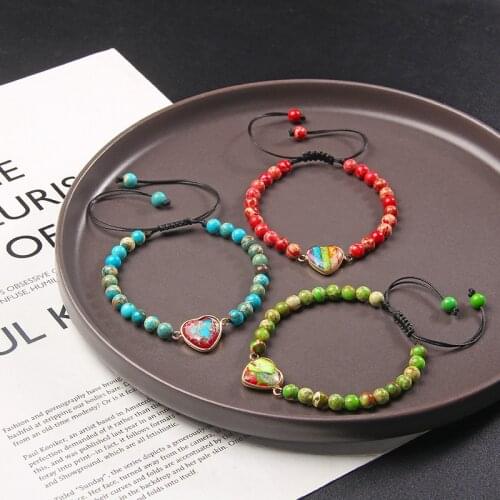 Vintage Braid Bracelets Women 6 mm Green Imperial Jaspe Beads Bracelet Adjustable Black Rope Heart Shape Charm Bangle Men Jewelr