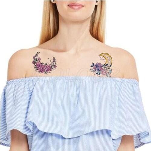 Temporary Tattoo Stickers Rose Crescent Moon Flower Fake Tatto Waterproof Tatoo Back Leg Arm Belly Big Size for Women Men Girl