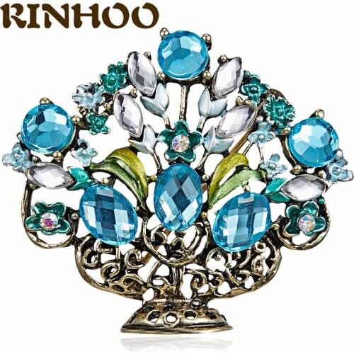 RINHOO Classic Blue Rhinestone Vintage Flower Vase Brooch Pin Brooches For Women Ornament Breast Pins Lady Clothing Accessories