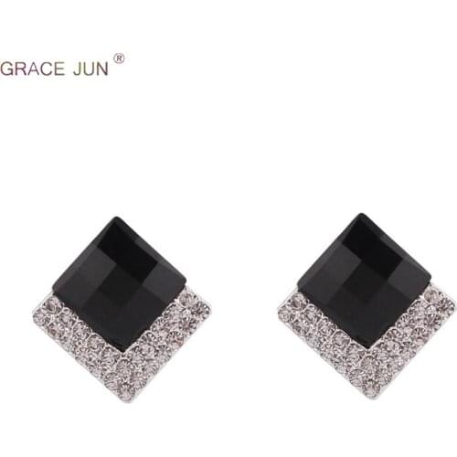 GRACE JUN Rhinestone Crytasl Square Shape Geometric Clip on Earrings for Women Fashion Vintage No Pierced Earrinnng New Arrival