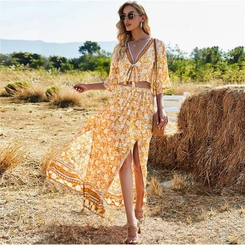 Two Piece Sets Women Bohemian Skirts Sets 2021 Summer Floral Half Sleeve V-Neck Shirts + Long Split Skirt Loose Sexy 2Pcs Set