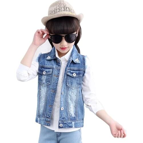 Girls Denim Vest 4-13Y Kids Cowboy Vest Waistcoat Sleeveless Jean Jackets Children Outerwear DQ767