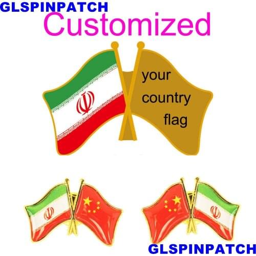Iran Crossed Friendship Flag Double Country lapel pin Brooch USA UK France Chile Russia Saudi Arabia Japan Spain Badge
