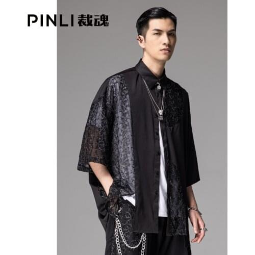 Free shipping new mens male fashion black shine 2021 spring transparent collage embroidered short-sleeved shirt BC211113185
