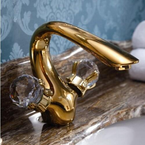 Free shipping gold Finish double crystal handles bathroom lavatory sink faucet mixer tap new