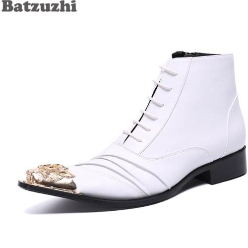Batzuzhi Lace-up White Wedding Dress Boots Fashion Men Boots Gold Iron Toe Genuine Leather Ankle Boots Business botas hombre, 12