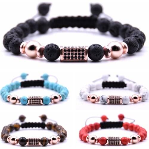 Black Lava Natural stone Beads Bracelet Micro Pave Cube tube type Adjustable Woven Bracelet men Energy Jewelry