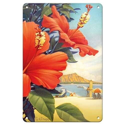 Hibiscus Beach Day - Waikiki Beach - Red Hibiscus - Hawaiian by Kerne Erickson Metal Tin Sign