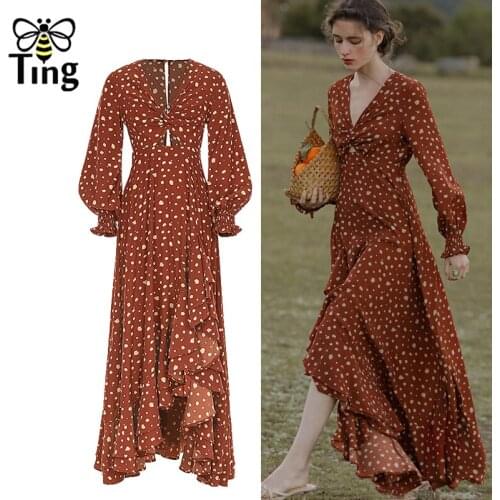 Tingfly Victorian Elegant Polka Dot Cottagecore Ruffles Chic Maxi Long Party Dresses Sexy V Neck Cut Out Casual Boho Vestidos Z
