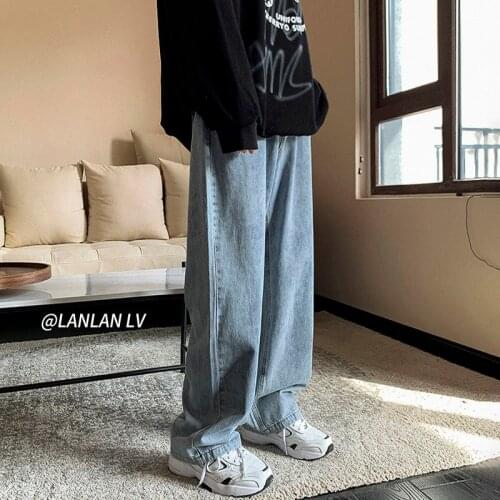 Cotton Retro Jeans Mens Korean Casual Jeans Mens Fashion Loose Straight-leg Jeans Mens Streetwear Wide-leg Denim Trousers