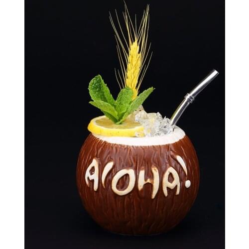 Interesting 500ml Coconut-Shaped Ceramic Tiki Letter Pattern Cool Drinks Cup Style Sand Ice Drinking Set Cocktail Cup