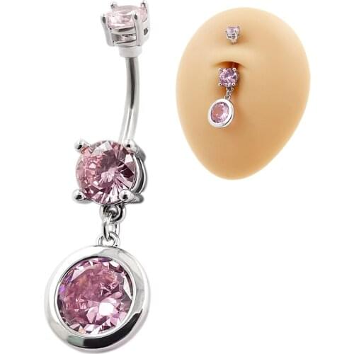 JHJT Dangled Belly Navel Piercing Button Ring 14G Stainless Steel Pink CZ Crystal Ombligo Woman Body Jewelry