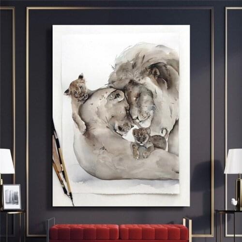 Canvas Prints Loving The Lion Family Paintings Wall Art Poster Cartoon Animal Modular Pictures For Living Room Modern Home Decor