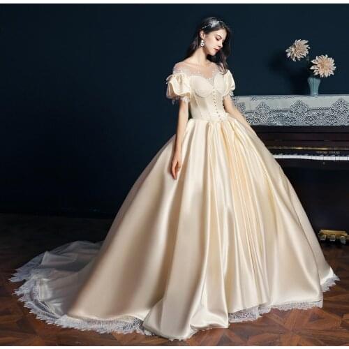 Palace Style Queen Wedding Dress Handmade Pearl Vintage Lantern Sleeve Cathedral Bridal Gown Factory Price Real Picture 4060