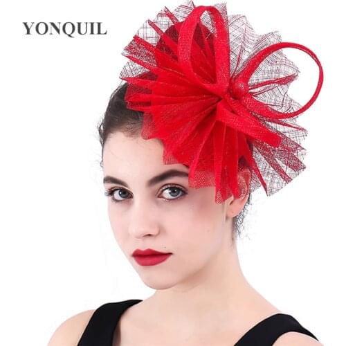 Cocktail Church Fedora Headband Red Fascinator Wedding Elegant Ladies Sinamay Headwear Bridal Loops Hair Accessories Vintage
