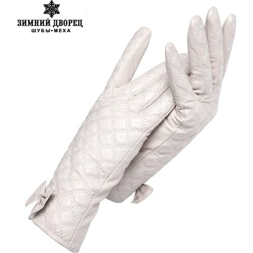 Creamy-white leather women gloves,Floral,Genuine Leather,gray checkered leather gloves,Leather gloves for women,Female gloves