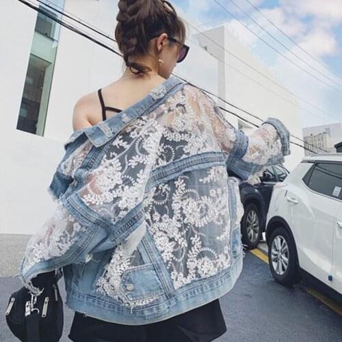 2021 New Summer Long Sleeve Plus Size Jeans Jackets Womens Coat Loose Lace Stitching Perspective Tops Jacket Ladies Denim Coats