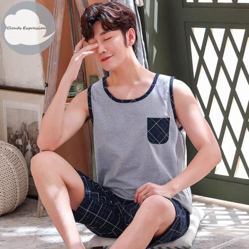 Summer Men Pyjamas Sleeveless Cotton Cartoon Pajamas Set Casual Sleepwear Pyjamas Night Suits Pijamas Plus Size 4XL Homewear