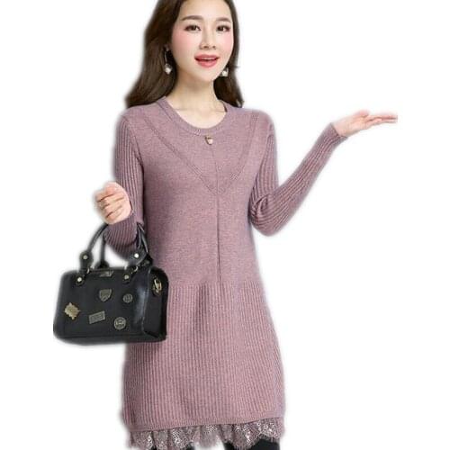 Sweet O-Neck Sweater Dress Warm Women 2019 Autumn Winter Lace Loose Knitted Pullovers Women Sweater Mini Dress High ElasticQ845