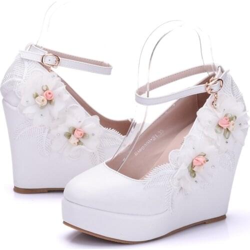 Fashion Women Shoes Flower Pumps Dress Buckle Strap Round Toe Wedges 10.8CM High Heels Womens Wedding Shoes