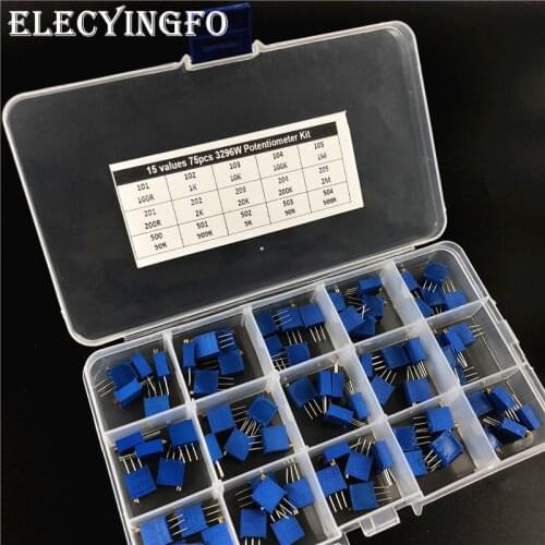 15Values 75pcs 3296W Potentiometer Kit High Precision Variable Resistor 500~205 50ohm~2M With Box 1K2K5K10K20K50K100K200K500K1M