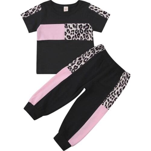 1-6T Kids Girls Casual Leopard Clothes Set Short Sleeve T-Shirt Tops Pants Set Toddler Pink Grey Black Patchwork Girls Outfits